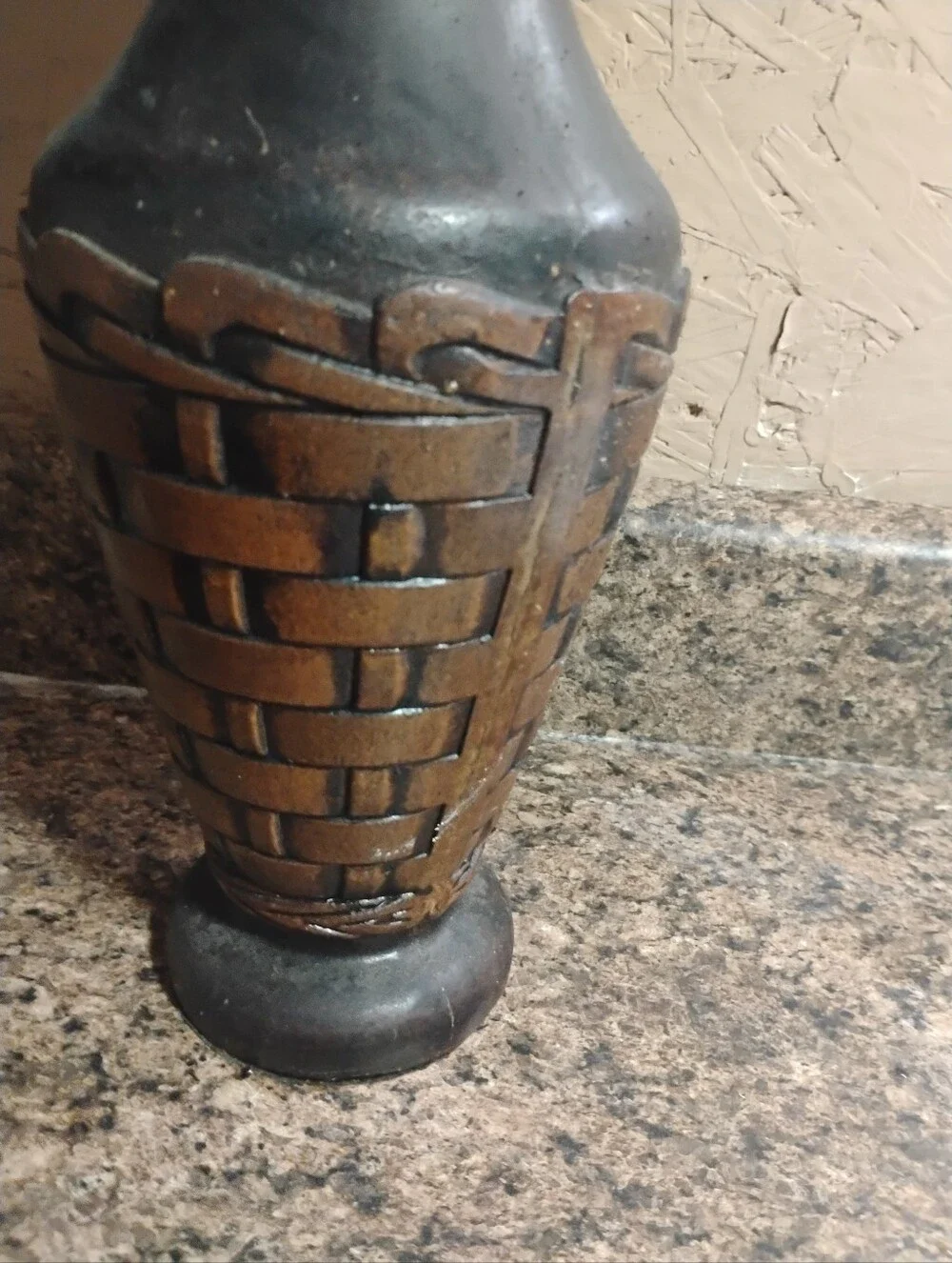 Tall Black and Brown Woven-Pattern Vase